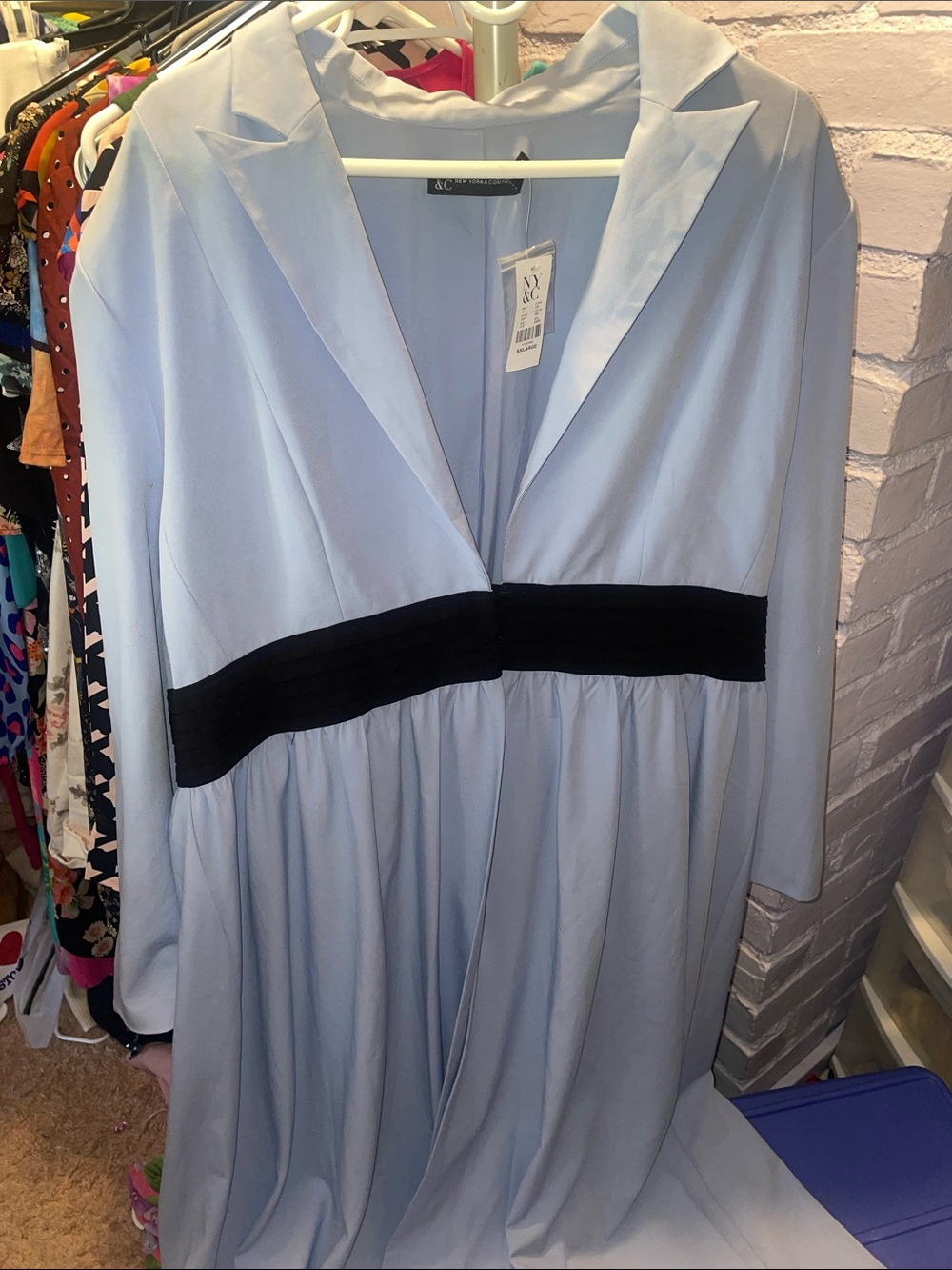 New York & Company Light Blue Long Sleeve Dress with Black Waistband